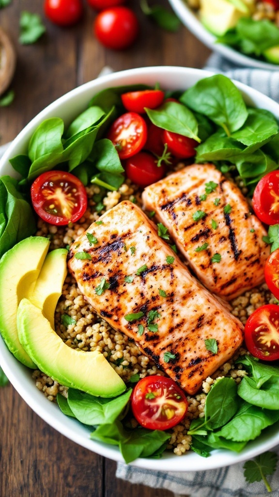 A colorful Salmon & Quinoa Power Bowl with grilled salmon, quinoa, spinach, tomatoes, and avocado on a wooden table.